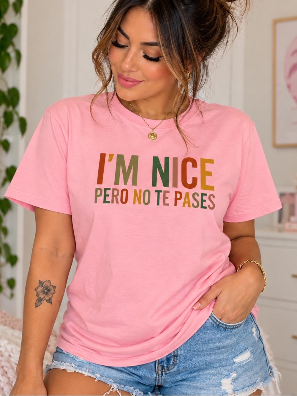 I’m Nice Pero No Te Pases Pink Graphic T-Shirt Size M Bilingual Tee